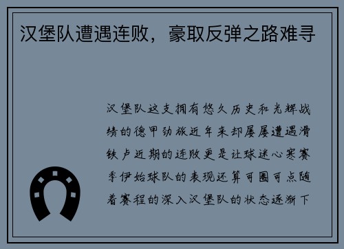 汉堡队遭遇连败，豪取反弹之路难寻